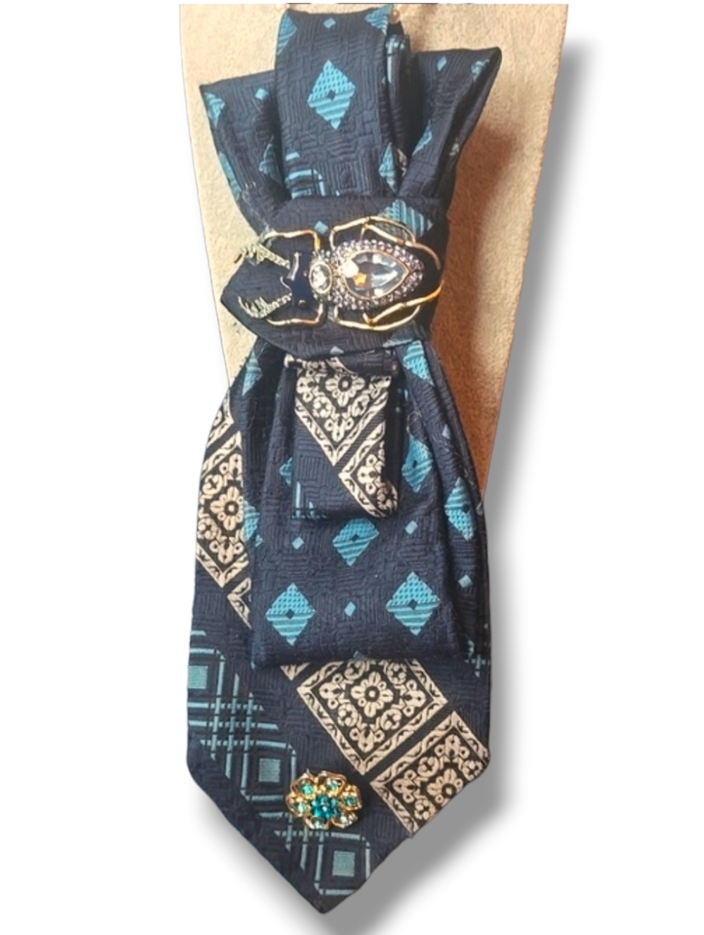 3/$60Unique Navy Folded Vintage Cravat with Teal Geometric Pattern Beetle Brooch